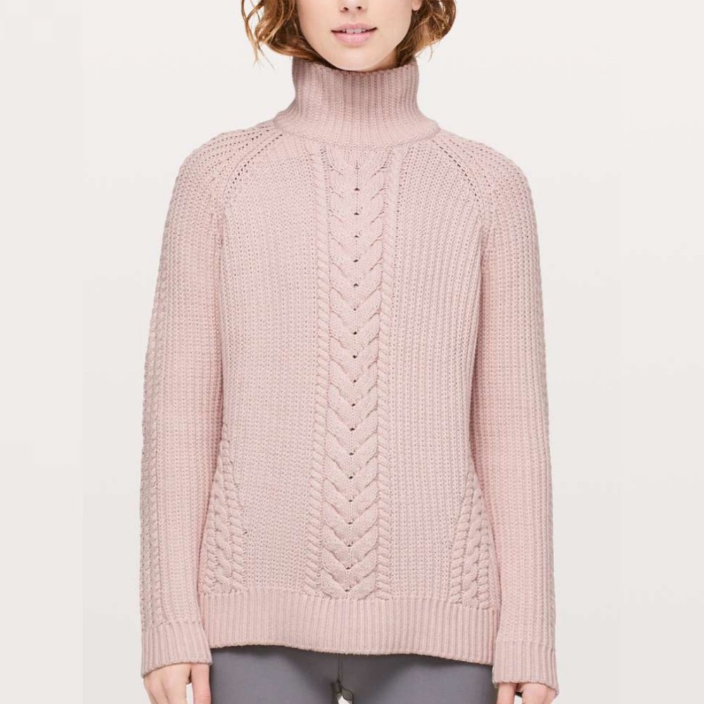 Lululemon Bring‎ The Cozy Cable Knit Turtleneck Sweater Womens Sz 12 Pink W3BL5S